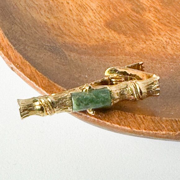 Vintage Jade Cufflinks Tie Clip Set Gold Tone Elegant Wedding Men Bamboo Asian - Picture 11 of 14